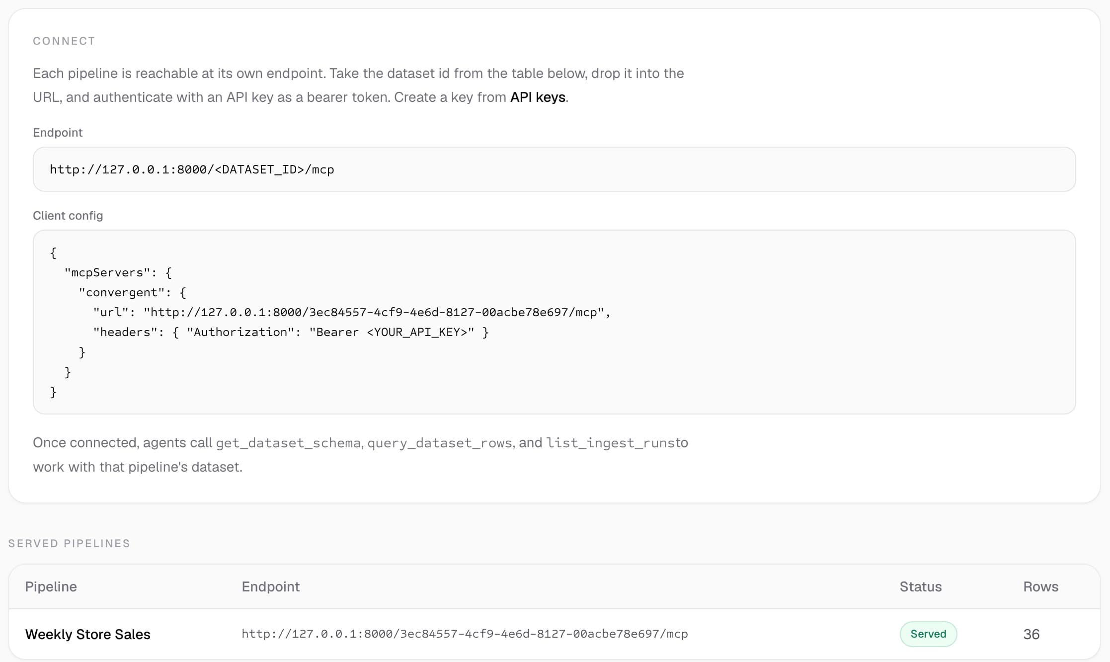 MCP server connection config and served pipelines